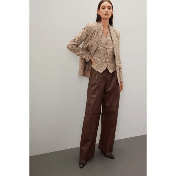 Veda Women's brown leather trousers Straight Leg High Waist 10 Flaw - Picture 2 of 7